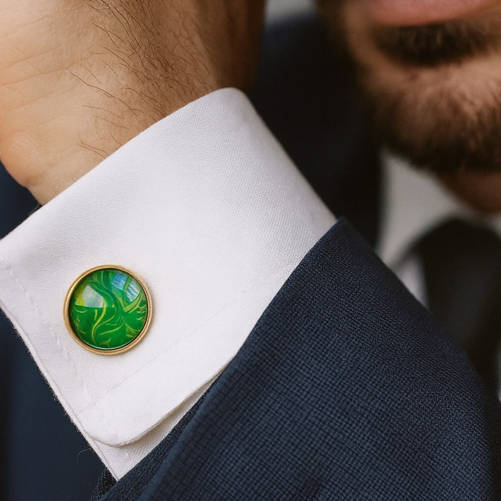 Hand Crafted Green Gold Fluid Art Cufflinks Glass Cabochon Men’s Gift
